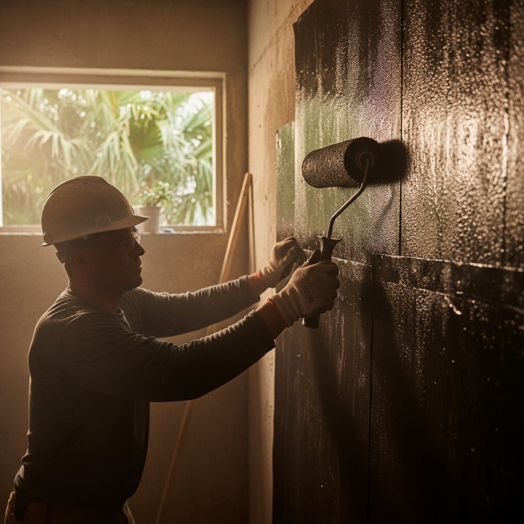 Professional basement waterproofing application in tropical Singapore climate showing membrane installation and drainage system